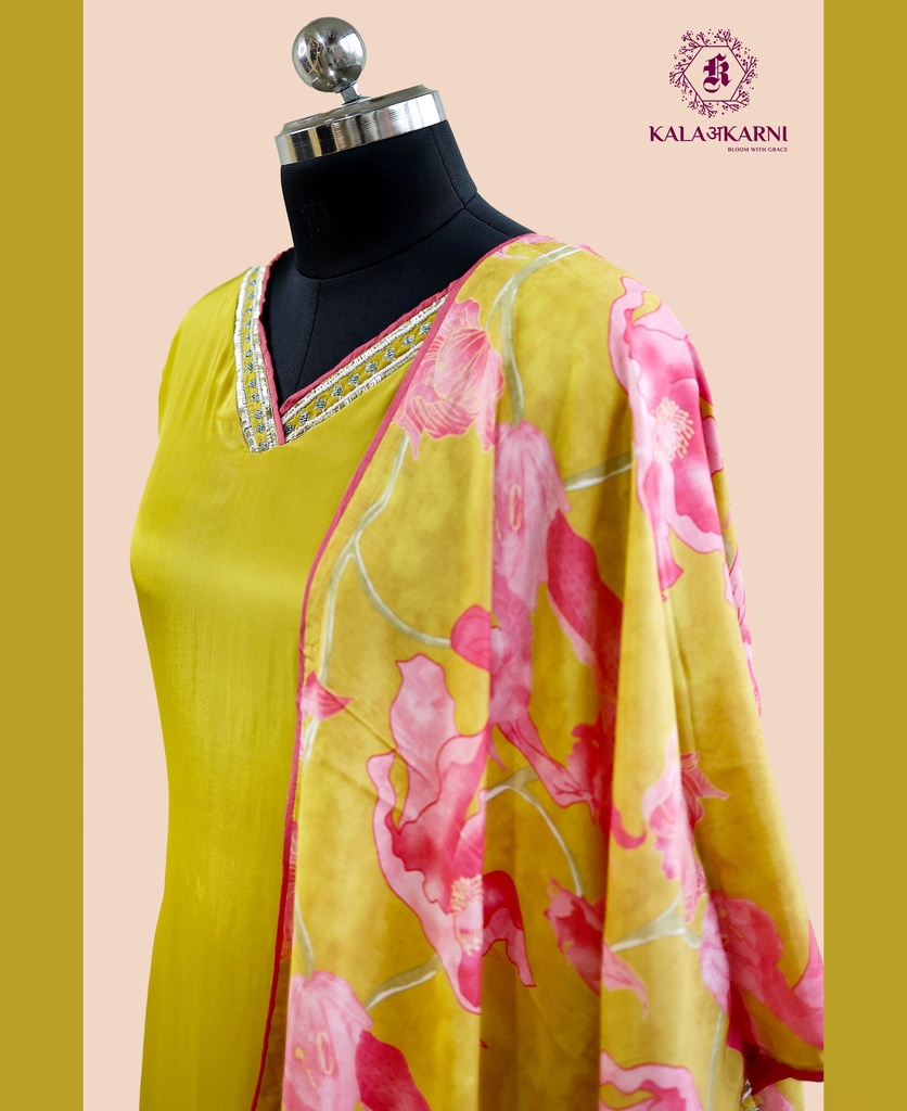 Embroidery | Russian Silk | Suit set with Palazzo | Golden Yellow