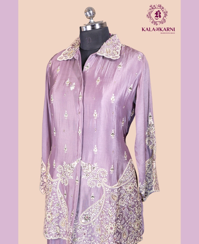
Chinnon Silk | Embroidered | Collar Pattern | Co-ord Set with Palazzo Pants | Mauve