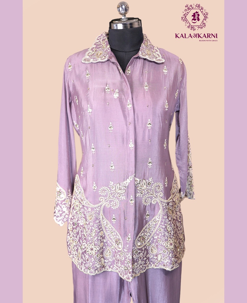 
Chinnon Silk | Embroidered | Collar Pattern | Co-ord Set with Palazzo Pants | Mauve
