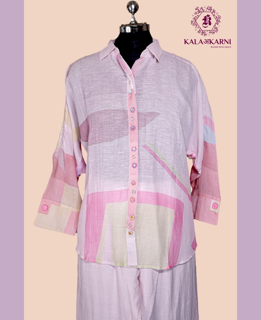 Linen | Collar Pattern | Co-ord Set with Pants | Baby Pink