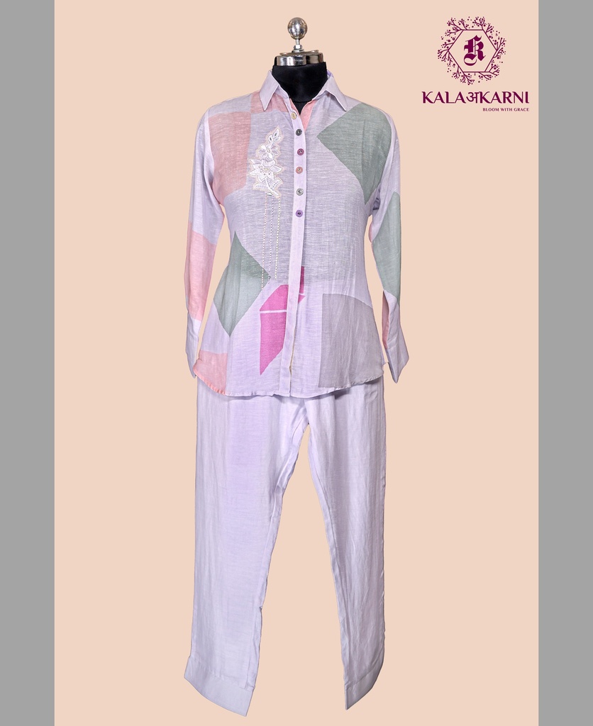 Linen | Thread Work | Co-ord Set with Pants | Purple - Pink