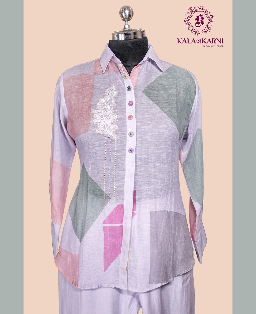 Linen | Thread Work | Co-ord Set with Pants | Purple - Pink