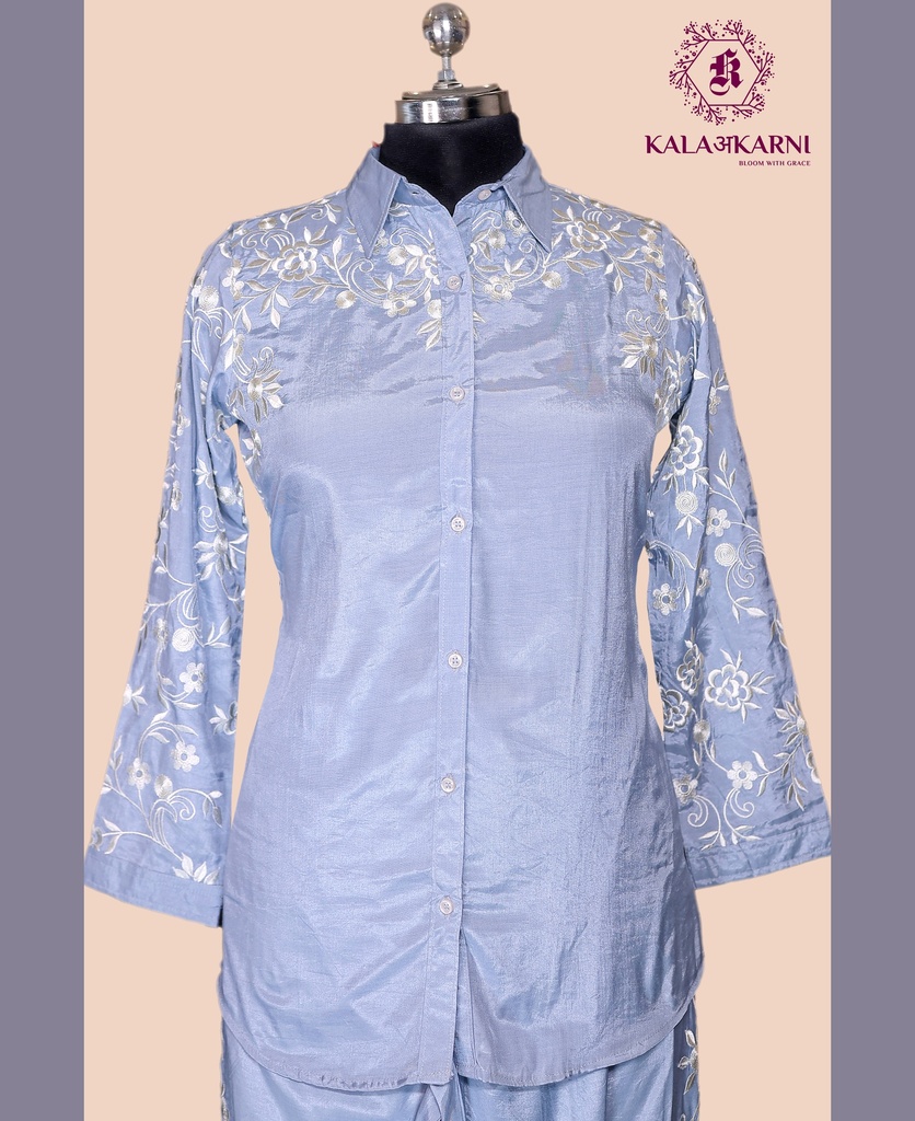 Muslin Silk | Thread Embroidery | Co-ord Set with Pants | Blue