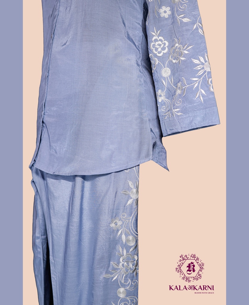 Muslin Silk | Thread Embroidery | Co-ord Set with Pants | Blue