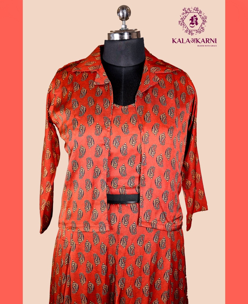 Muslin Silk | Three - Piece | Co-ord Set with Palazzo Pants | Rust