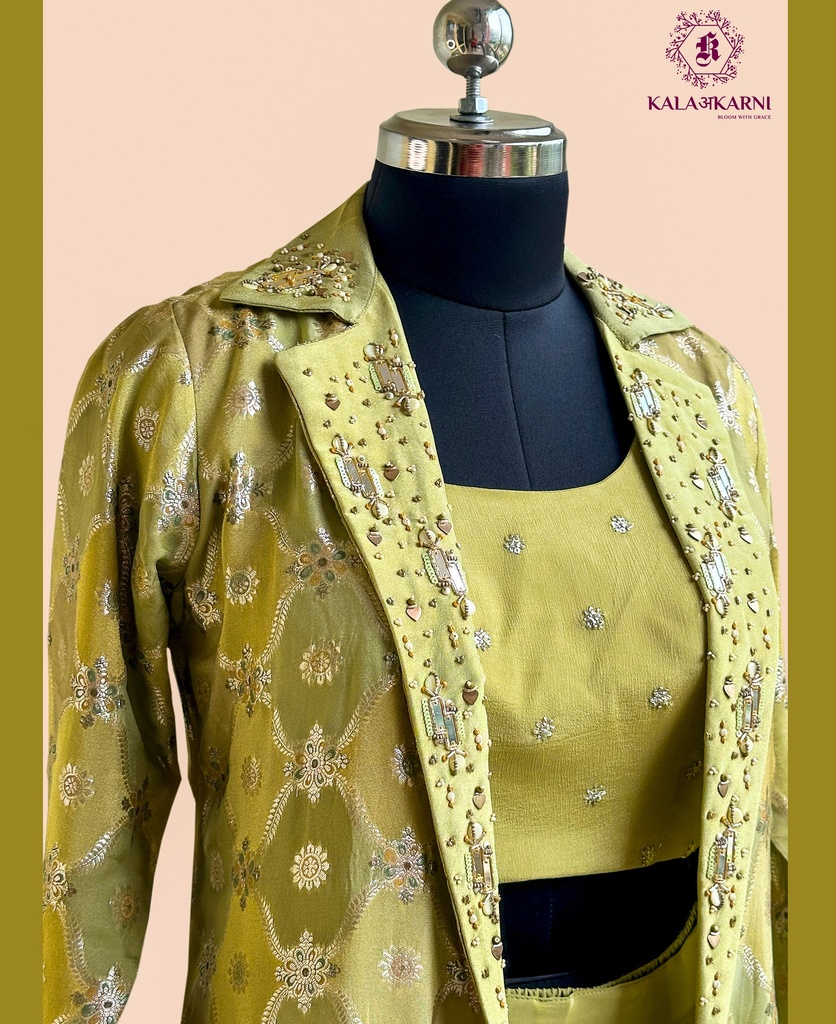 Hand Embroidered | Chinnon Silk | Jacket | Indowestern | Olive Green