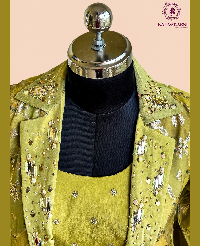 Hand Embroidered | Chinnon Silk | Jacket | Indowestern | Olive Green