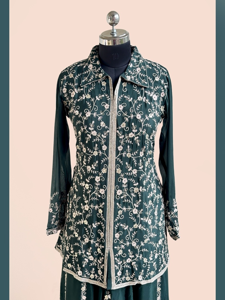 Chinnon Silk | Embroidered | Co-ord Set with Embroidery Palazzo | Navy Blue