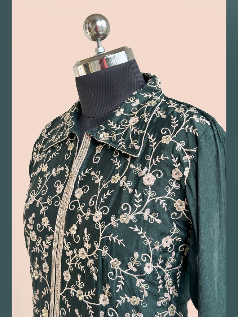 Chinnon Silk | Embroidered | Co-ord Set with Embroidery Palazzo | Navy Blue