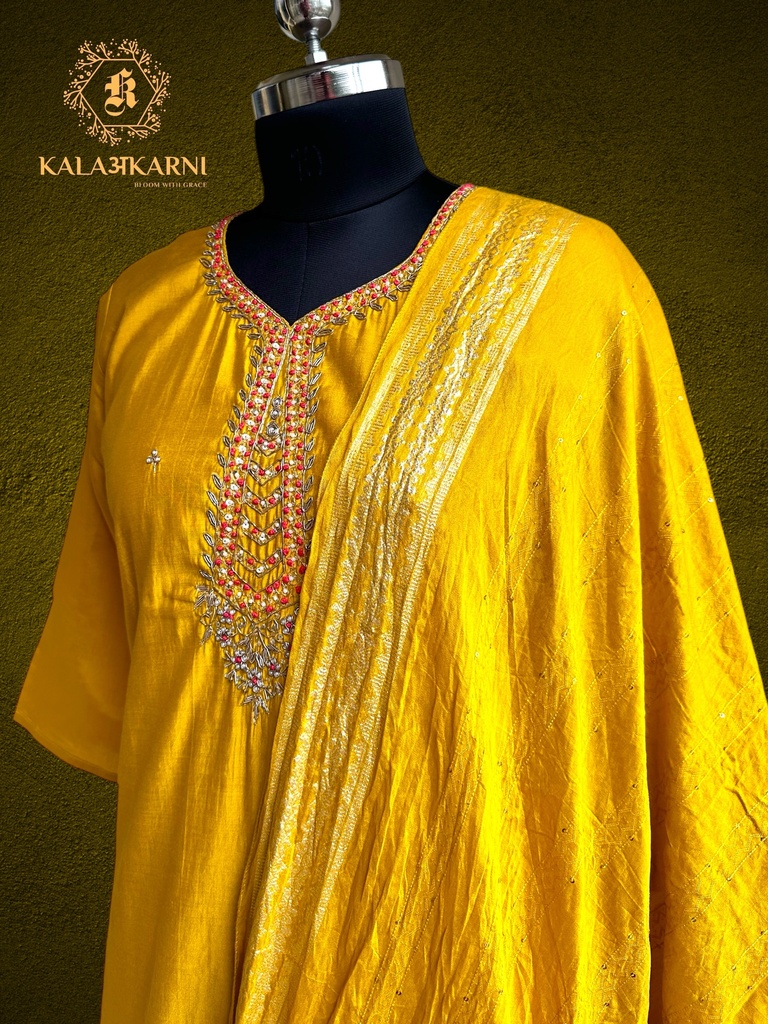 Hand Embroidery | Roman Silk | Suit set with Pants | Yellow
