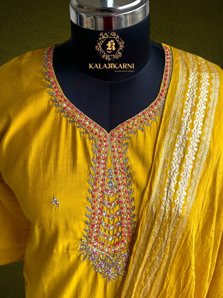 Hand Embroidery | Roman Silk | Suit set with Pants | Yellow