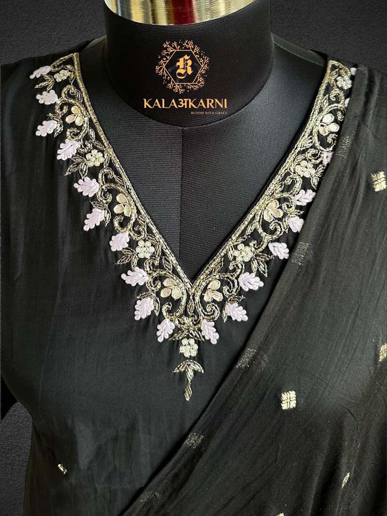 Hand Embroidery | Roman Silk | Suit set with Pants | Navy Blue