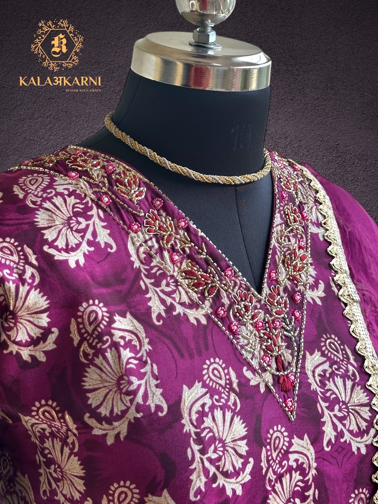 Hand Embroidery | Roman Silk | Suit set with Pants | Navy Blue