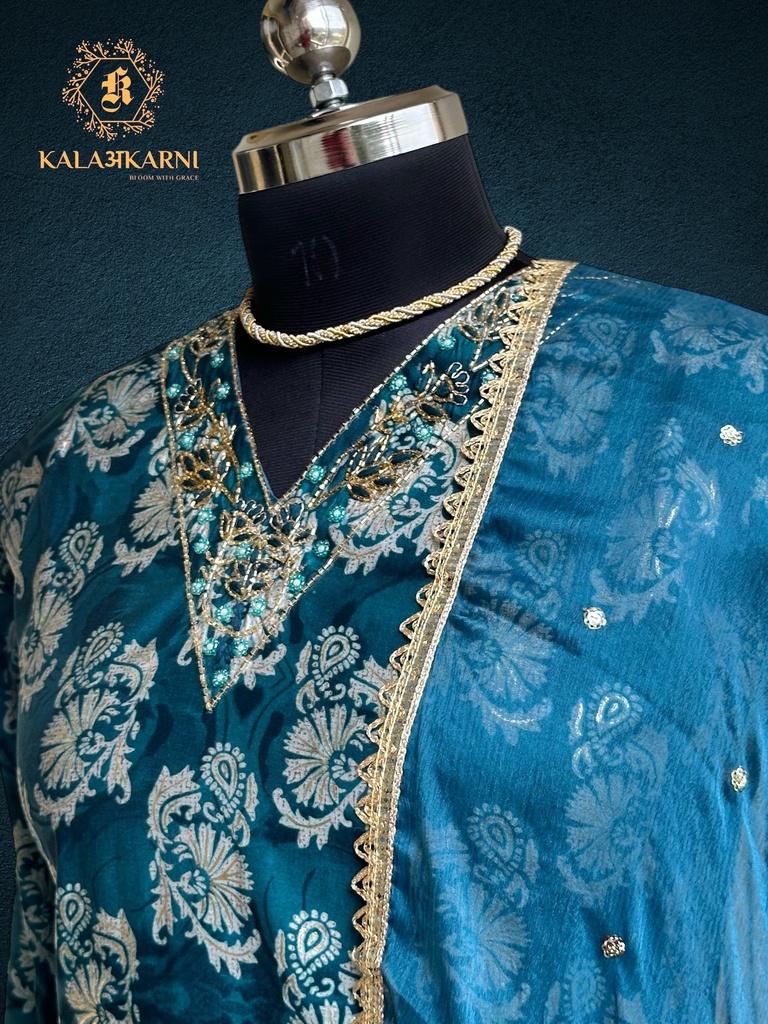 Hand Embroidery | Roman Silk | Suit set with Pants | Navy Blue