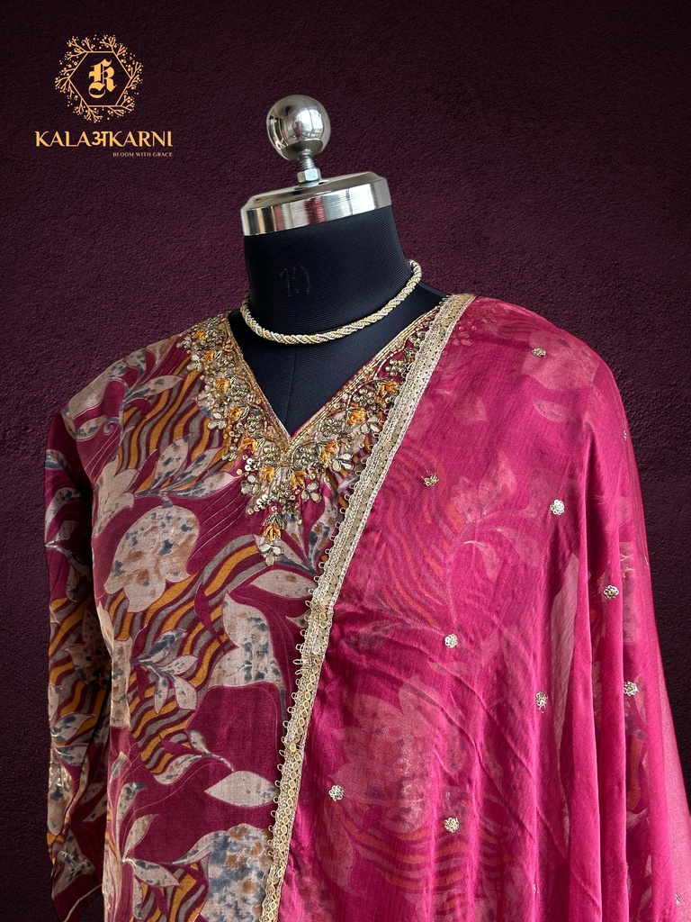 Hand Embroidery | Roman Silk | Suit set with Pants | Navy Blue