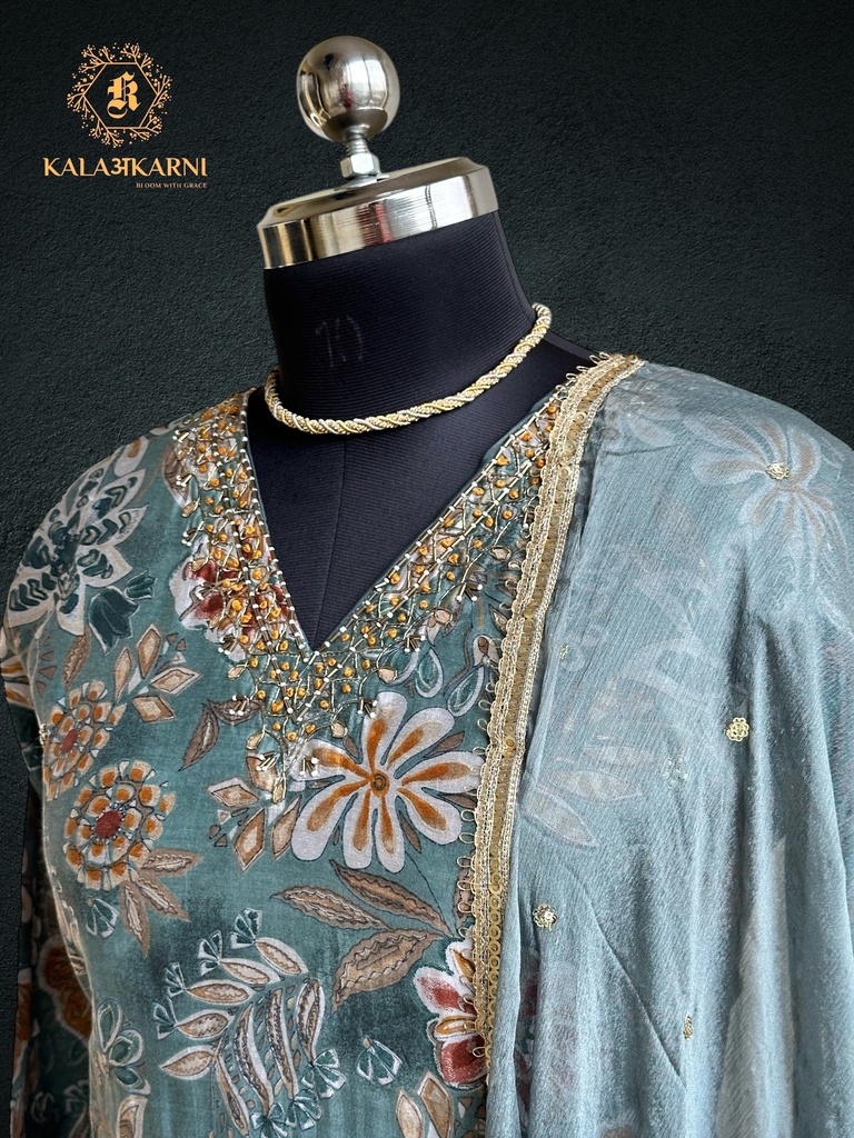 Hand Embroidery | Roman Silk | Suit set with Pants | Navy Blue