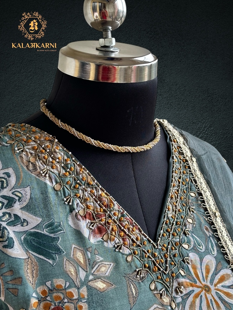 Hand Embroidery | Roman Silk | Suit set with Pants | Navy Blue