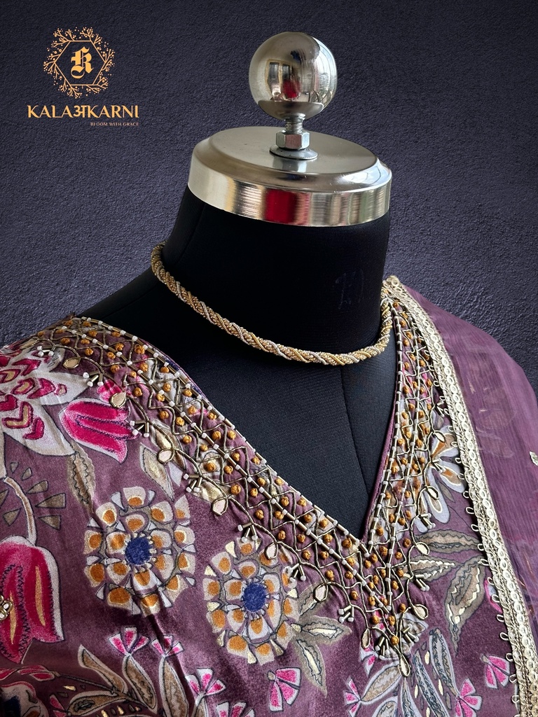Hand Embroidery | Roman Silk | Suit set with Pants | Navy Blue