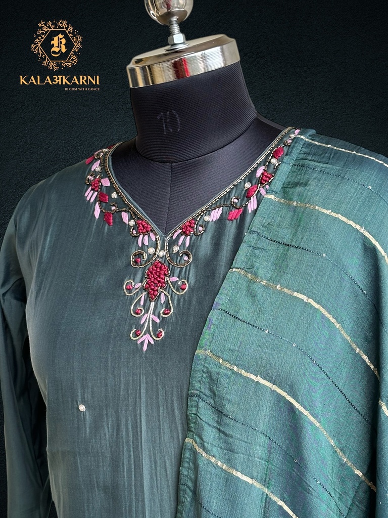 Hand Embroidery | Roman Silk | Suit set with Pants | Navy Blue