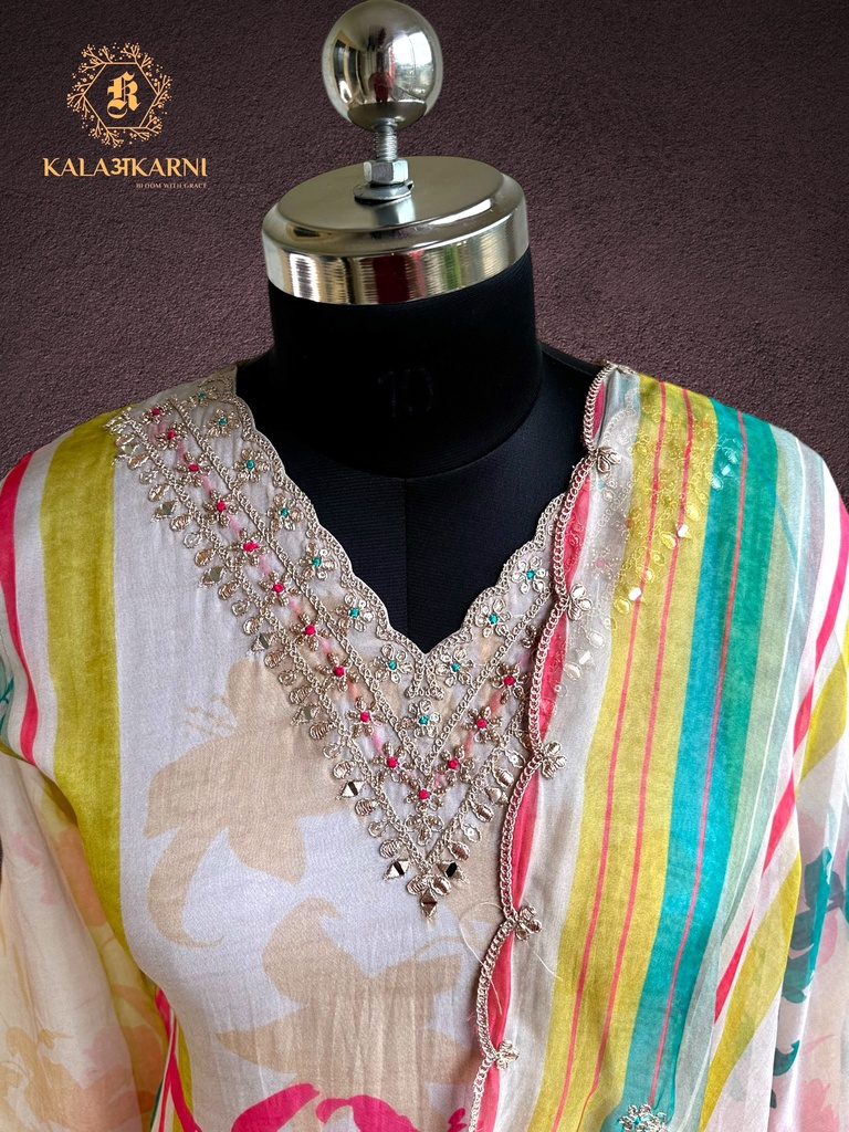Hand Embroidery V-Neck | Pure Organza Silk | Suit set with Pants | Ivory