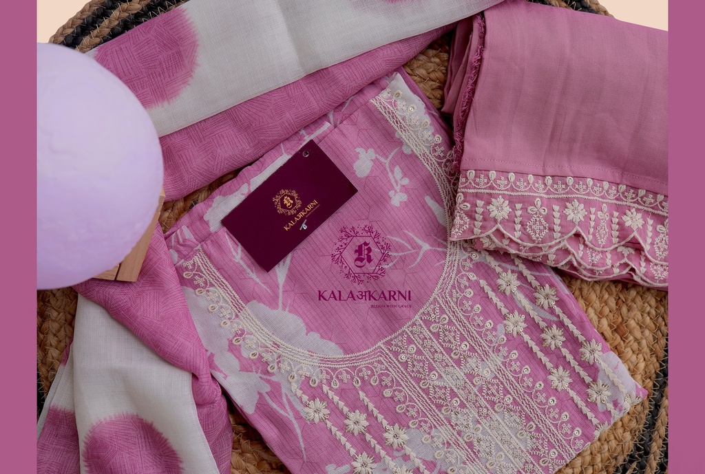 Thread Embroidery | Linen | Dress Material | Baby Pink