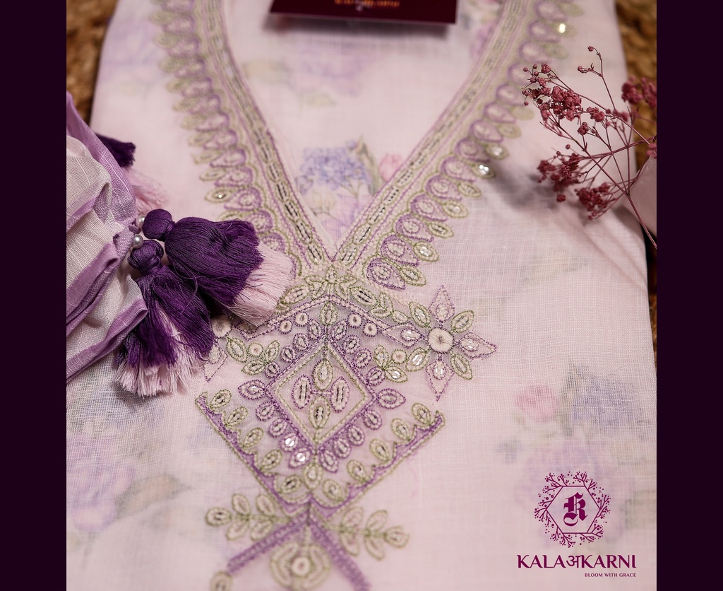 Thread Embroidery | Linen | Dress Material | Baby Pink