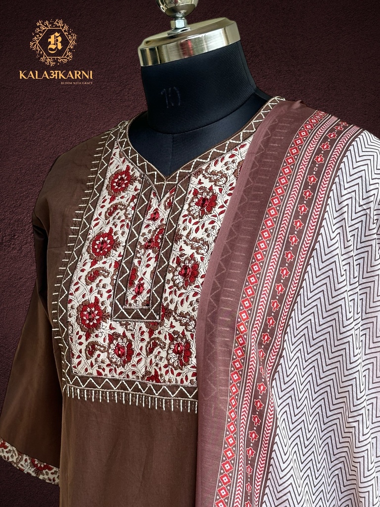 Hand Embroidery V-Neck | Pure Organza Silk | Suit set with Pants | Ivory