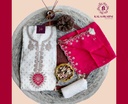 Zari Embroidery | Silk Georgette | Dress Material | Ivory - Hot Pink