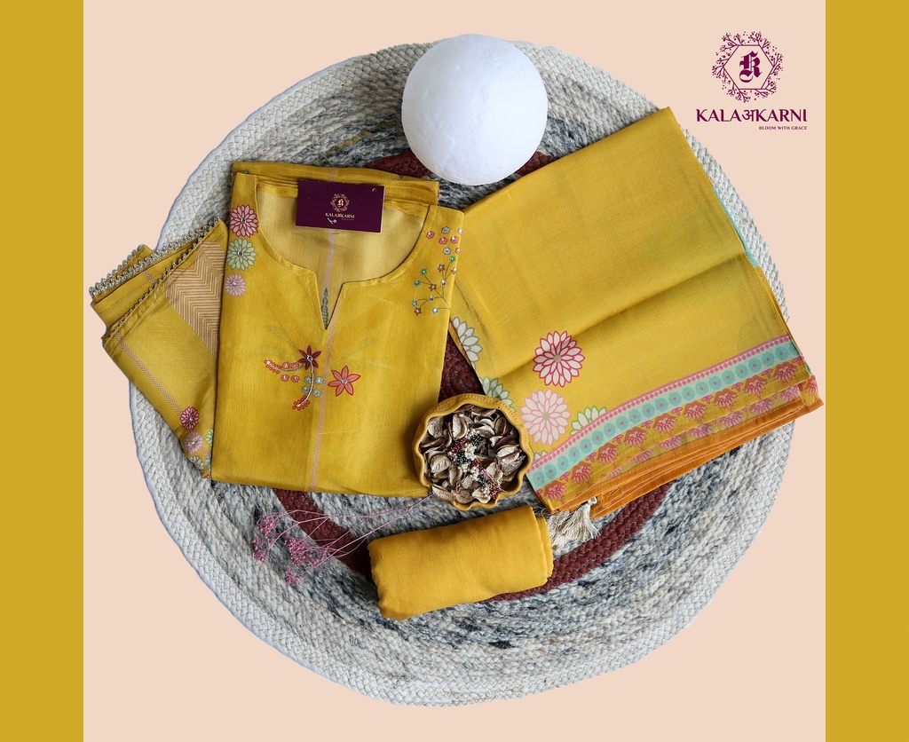 Peacock Hand Embroidery | Silk | Dress Material | Golden Yellow