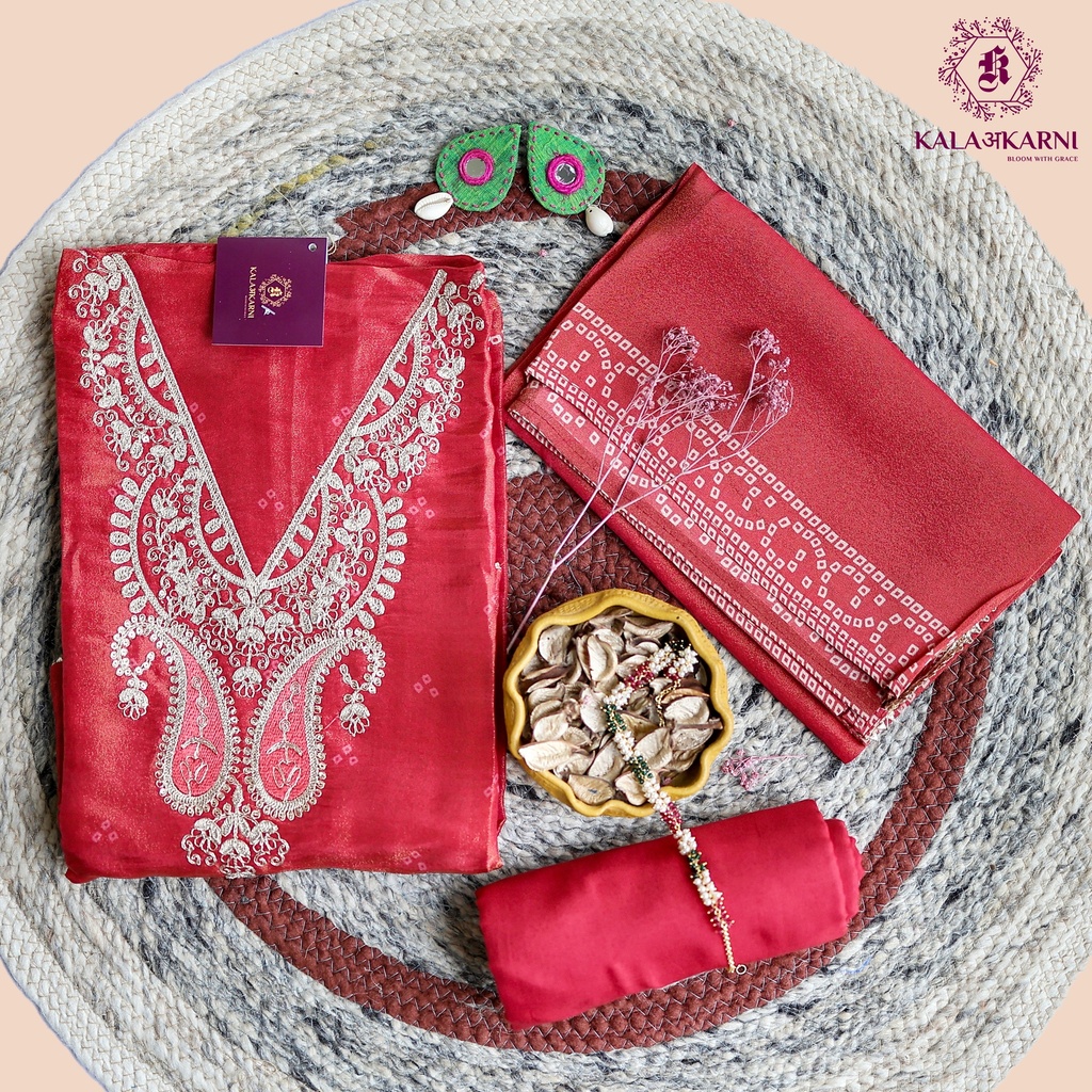 Bandhani Pattern-Zari Embroidery | Tasar Silk | Red