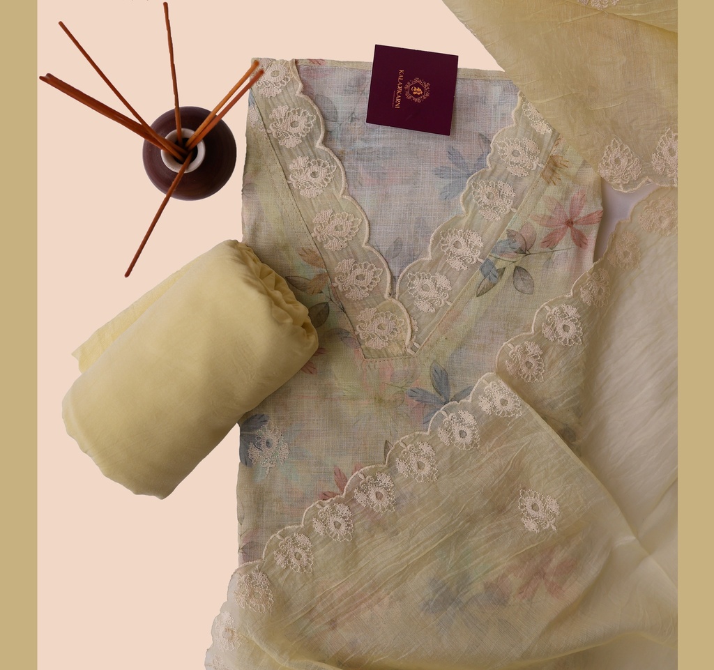 Thread Embroidery | Linen | Dress Material | Light Yellow