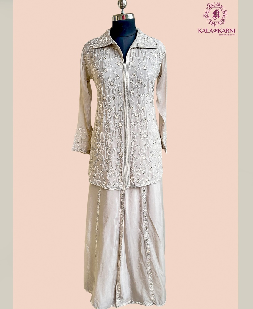Chinnon Silk | Embroidered | Co-ord Set with Palazzo | Abalone Grey