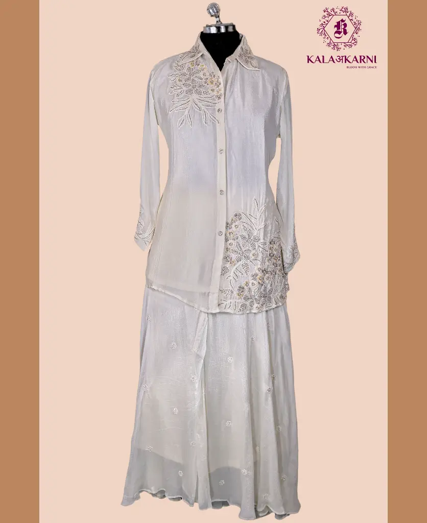 Chinnon Silk | Embroidered | Co-ord Set with Palazzo | Ivory