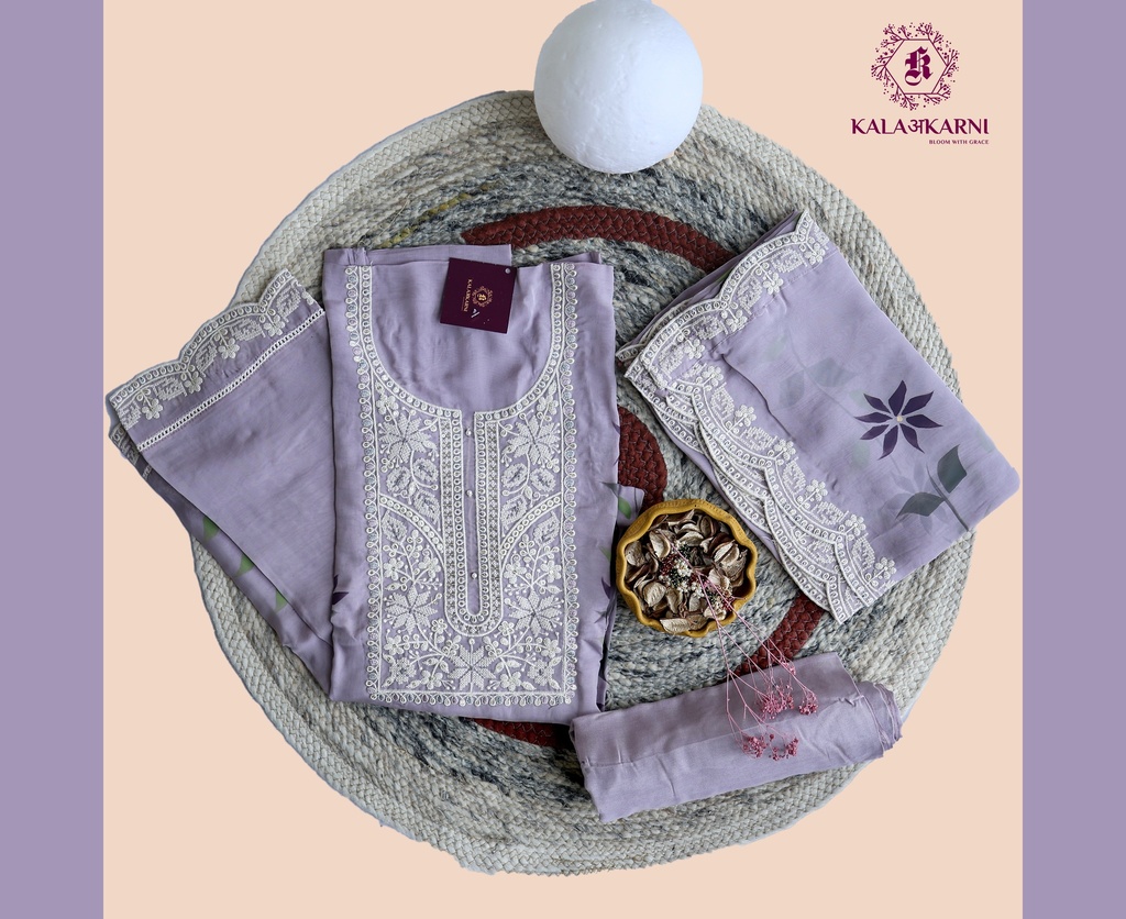 [NRK7252L] Hand Brush Paint With Thread Embroidery | Russian Silk | Dress Material | Lilac