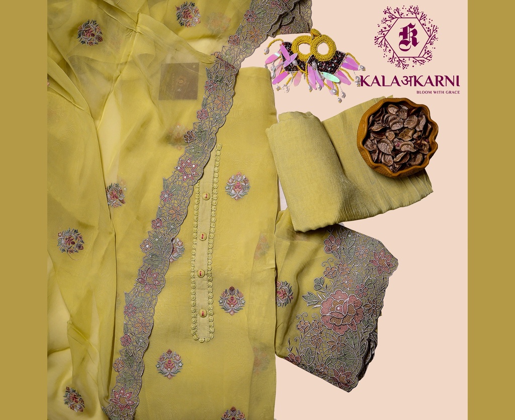 [NRK7218LY] Embroidery | Organza Silk | Dress Material | Lime Yellow