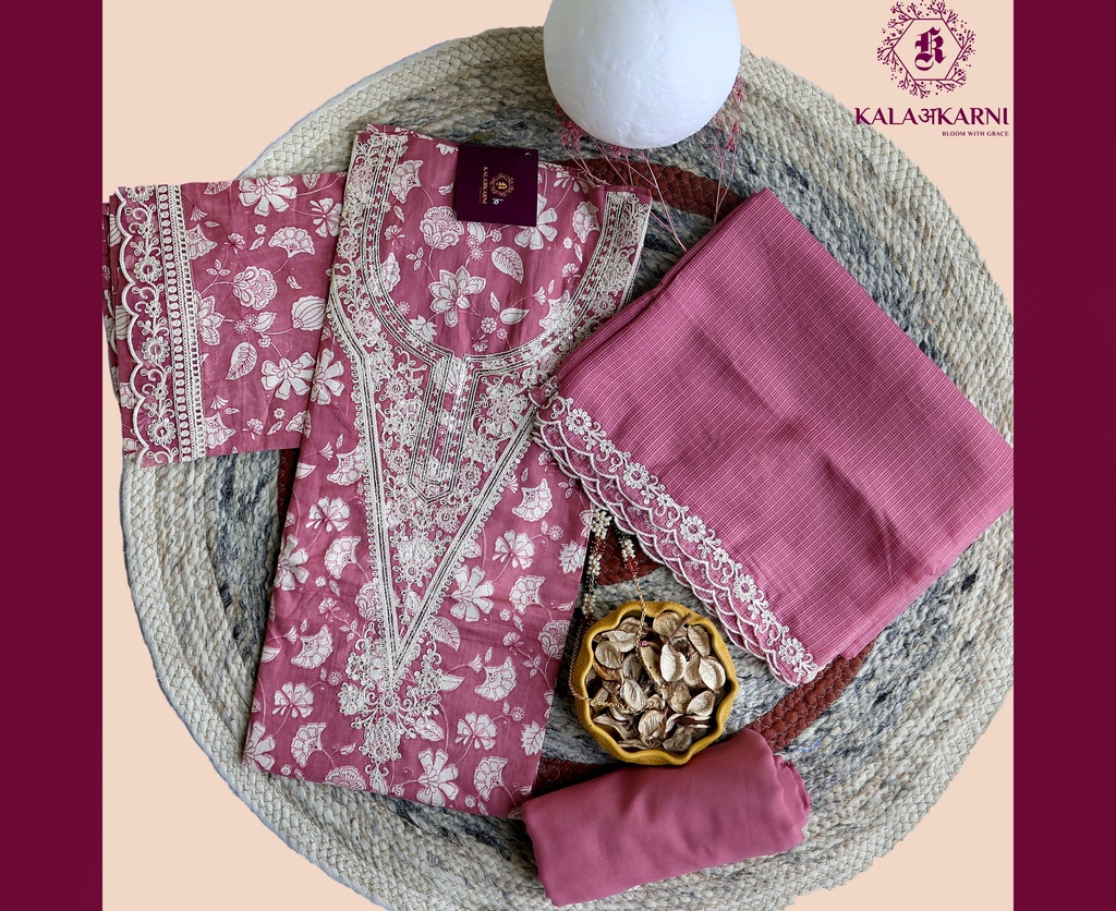 [NRK7210P] Thread Embroidery | Pure Cotton | Dress Material | Pink