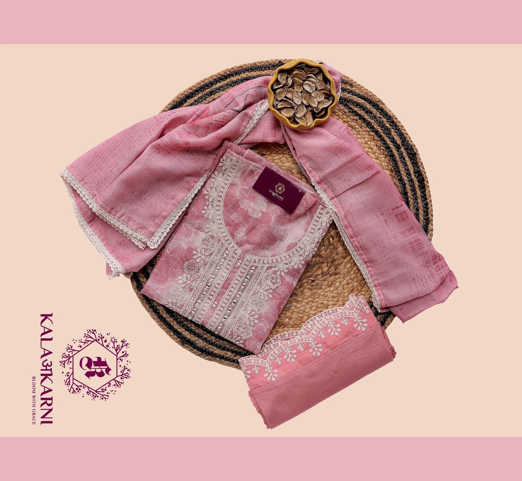 [NRK7131P] Thread Embroidery | Linen | Dress Material | Pink