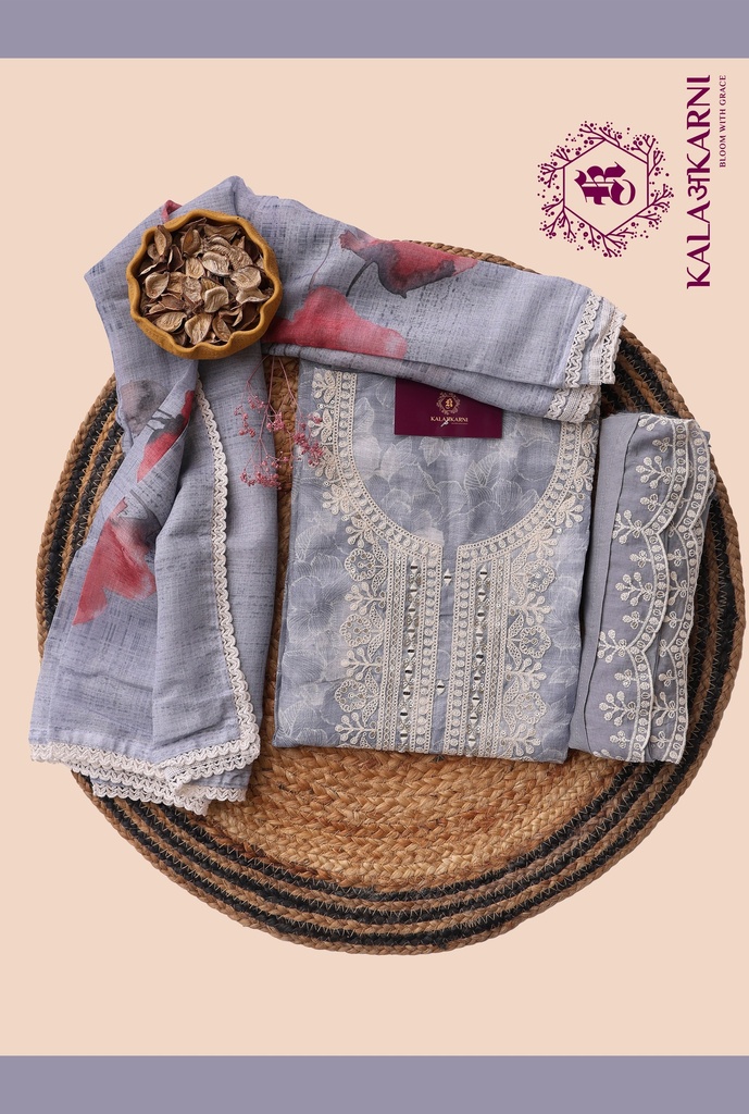 [NRK7131G] Thread Embroidery | Linen | Dress Material | Grey