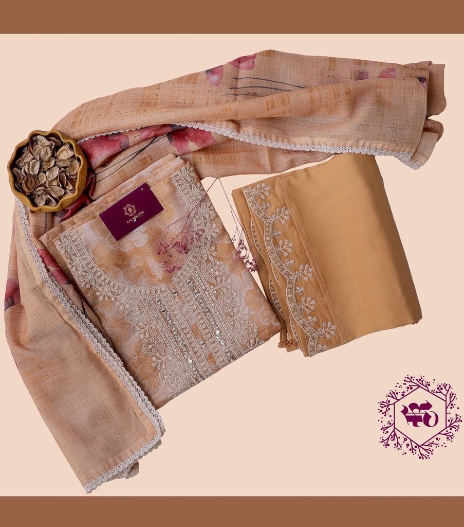 [NRK7131Y] Thread Embroidery | Linen | Dress Material | Yellow