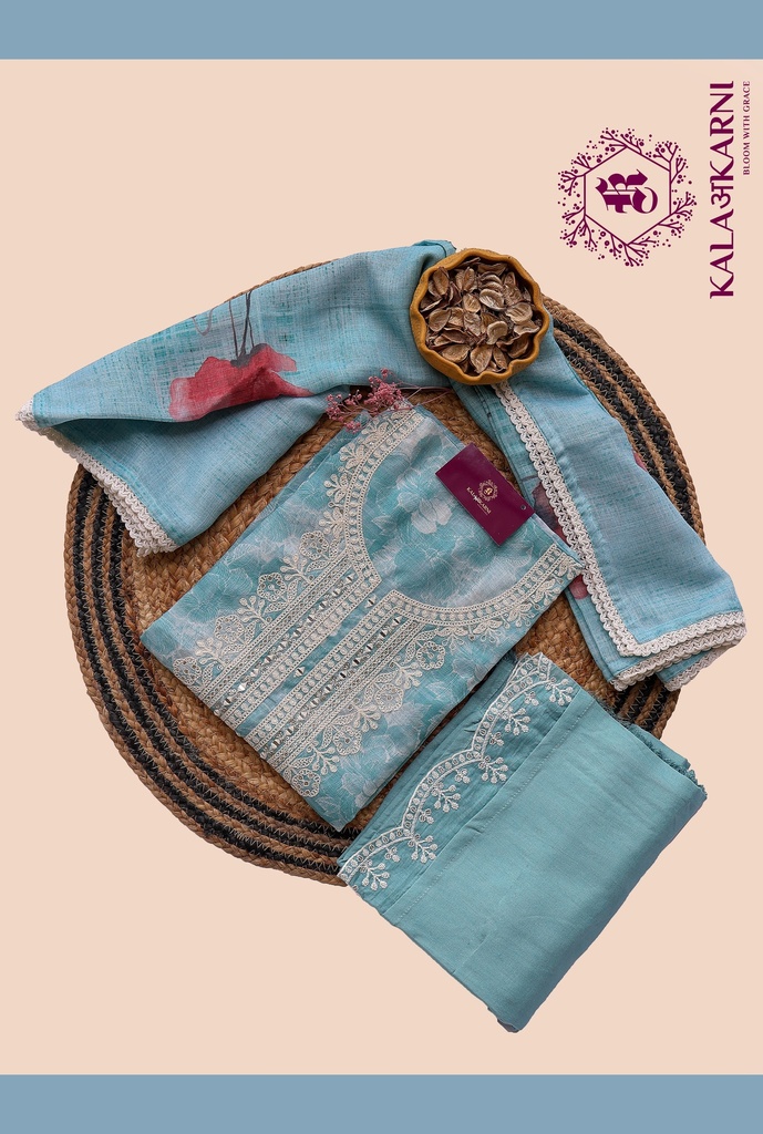 [NRK7131SB] Thread Embroidery | Linen | Dress Material | Sky Blue
