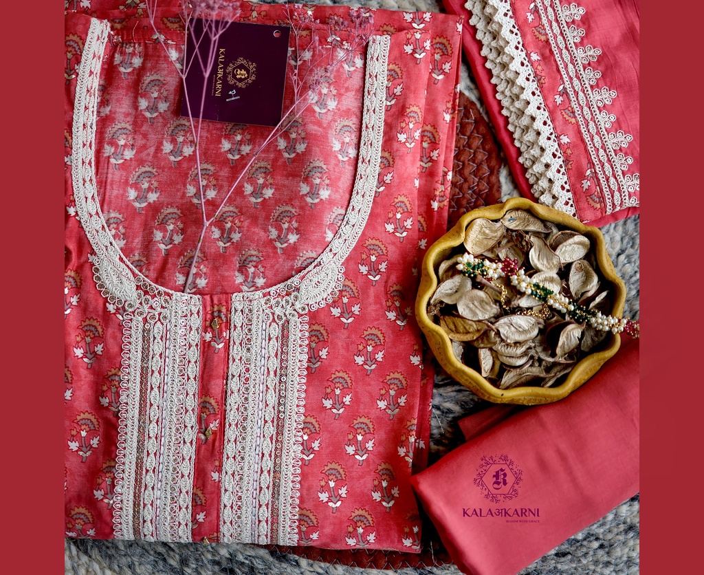 [NRK7114CR] Thread Embroidery | Muslin Cotton | Dress Material | Carrot Red