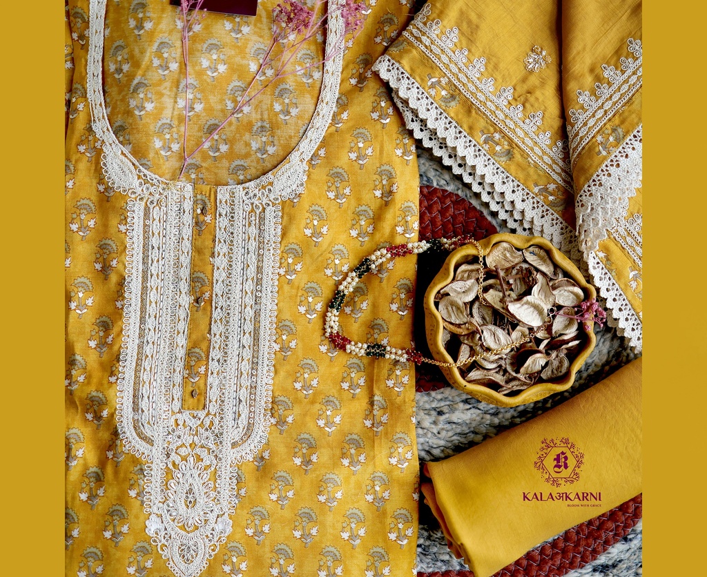 [NRK7114MY] Thread Embroidery | Muslin Cotton | Dress Material | Mustard Yellow