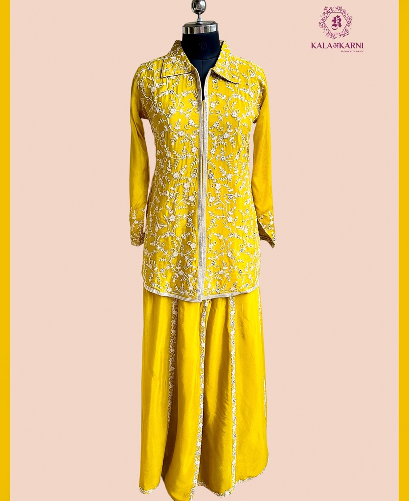 Chinnon Silk | Embroidered | Co-ord Set with Palazzo | Mustard Yellow
