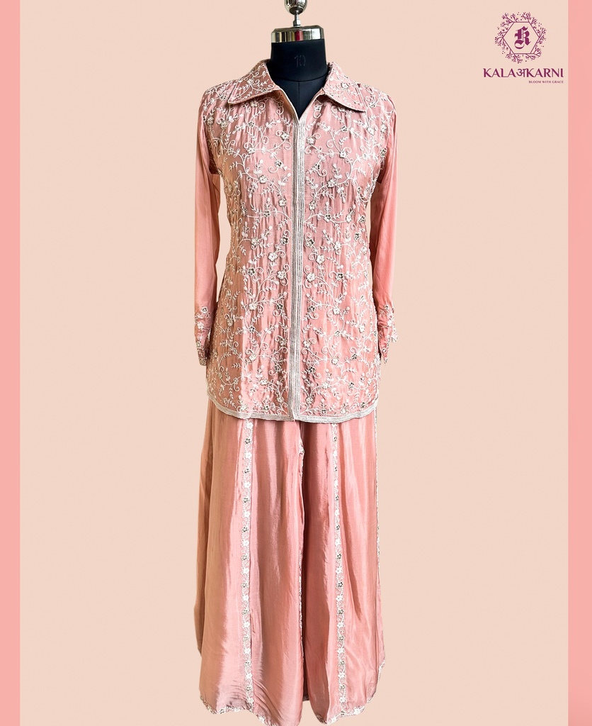 [MR2056PP] Chinnon Silk | Embroidered | Co-ord Set with Palazzo | Pastel Peach