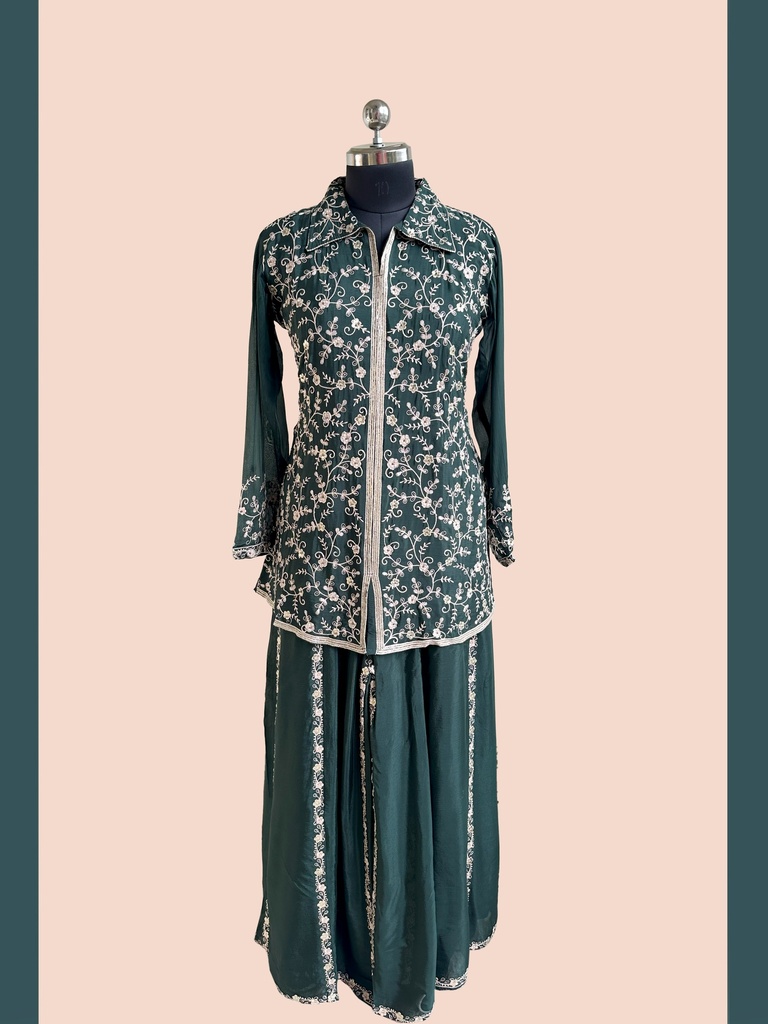 Chinnon Silk | Embroidered | Co-ord Set with Palazzo | Bottle Green