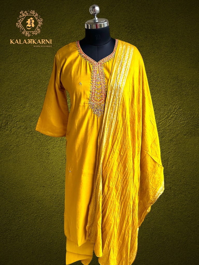 Hand Embroidery | Roman Silk | Suit set with Pants | Yellow