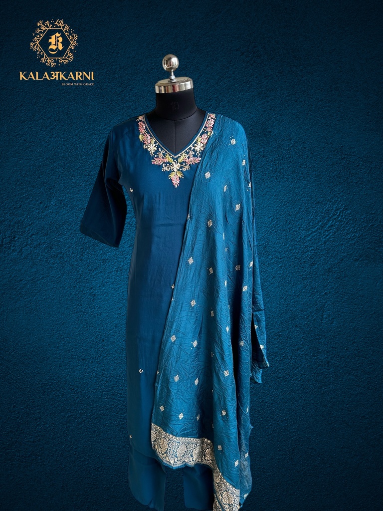 Hand Embroidery | Roman Silk | Suit set with Pants | Navy Blue