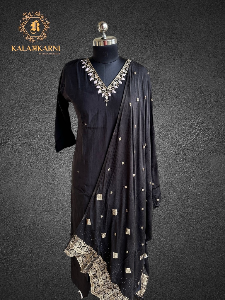 Hand Embroidery | Roman Silk | Suit set with Pants | Jet Black