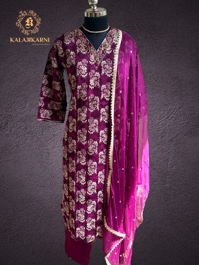 Hand Embroidery | Modal Silk | Suit set with Pants | Magenta