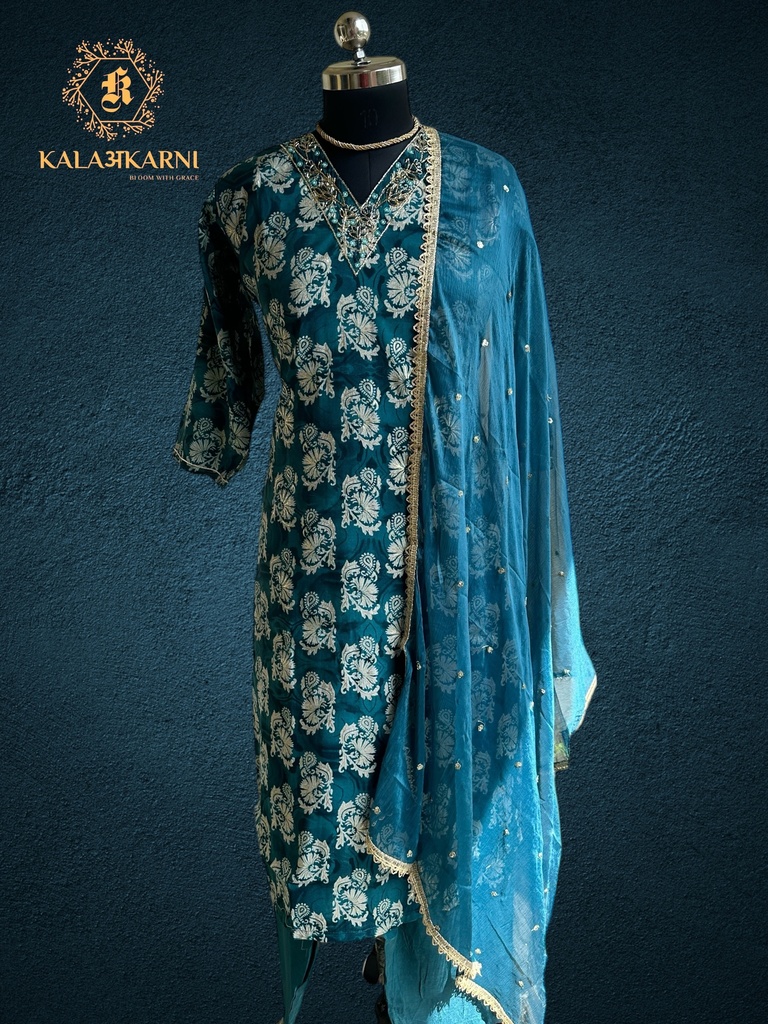 Hand Embroidery | Modal Silk | Suit set with Pants | Teal Blue